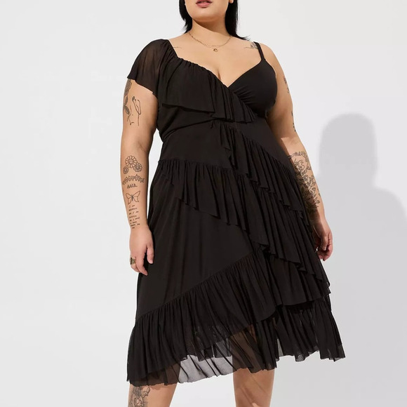 Torrid 2 (2X 18/20) Black Midi Mesh Ruffle Busty Surplice Cocktail Party Dress - Picture 2 of 3